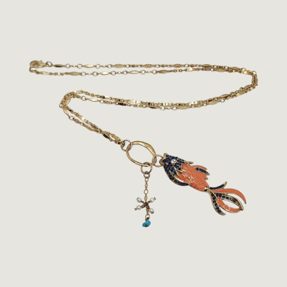 Boho Koi Fish Pendant Necklace Enamel Rhinestone Orange Blue Mermaidcore